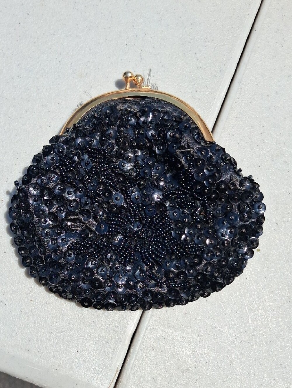 Vintage 50-60's Hand Made Black Beaded And Sequin Coin Purse - Picture 2 of 3